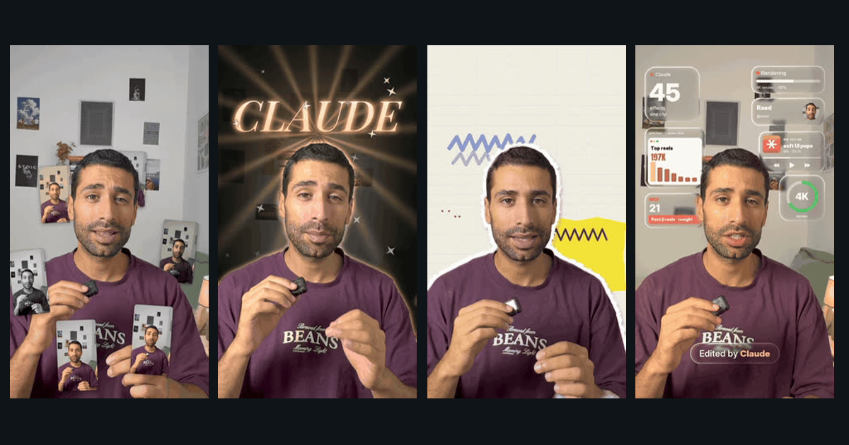 Quatre effets vidéo Studio Effects sur une vidéo face caméra : orbit, glitter spotlight, paper cut et glass widgets.