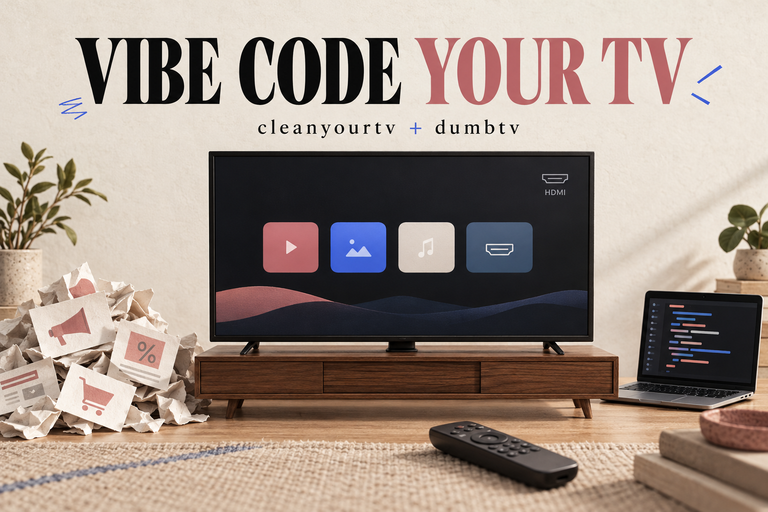 Illustration d’une télé simplifiée avec un ordinateur et une télécommande