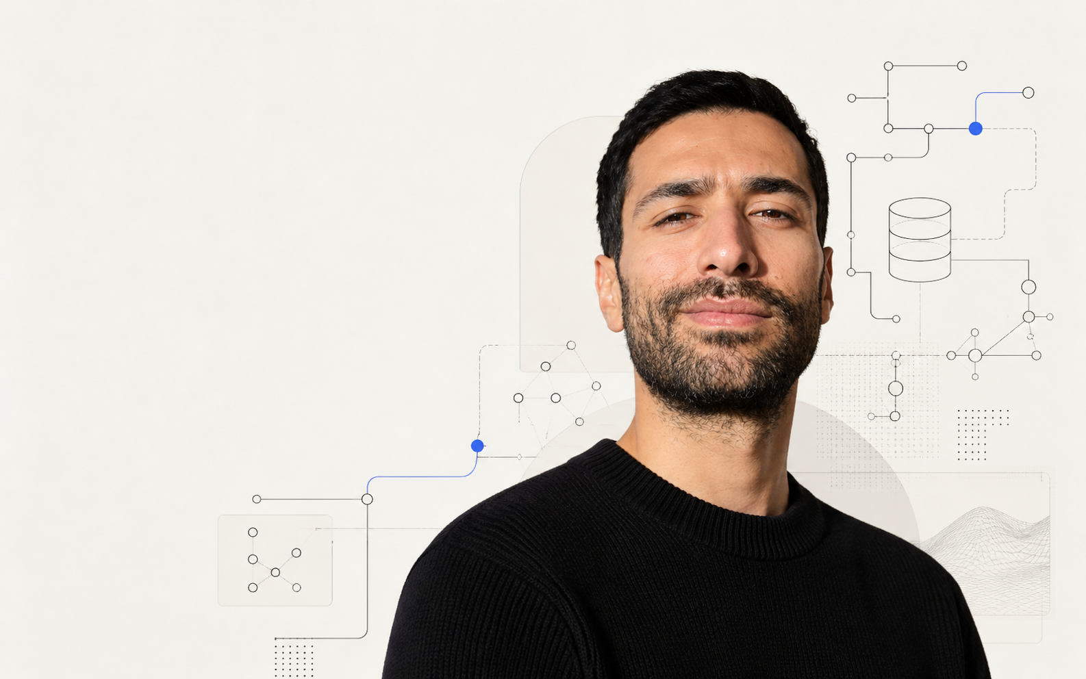 Raed Ouerfelli portrait with AI system linework